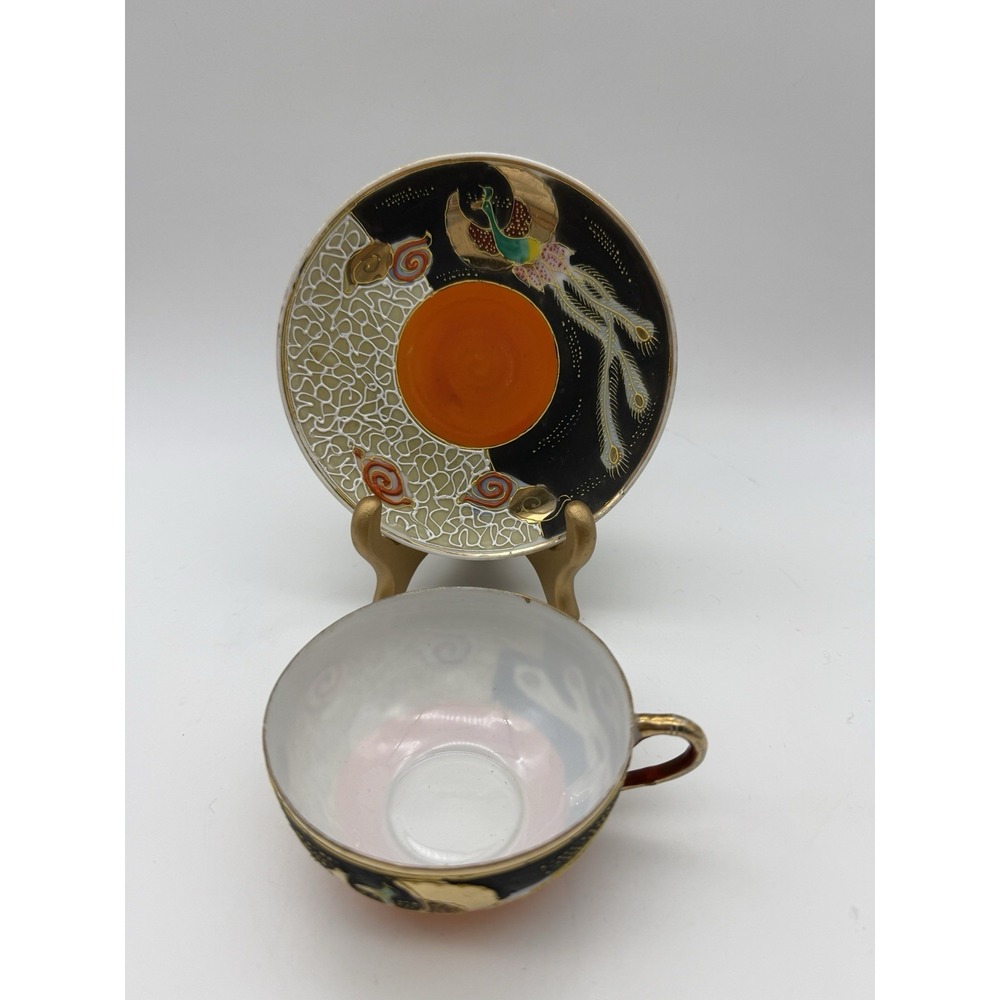 Antique Early Meiji Japanese Dai Nippon Cup Saucer Peacock Teacup Hand Made